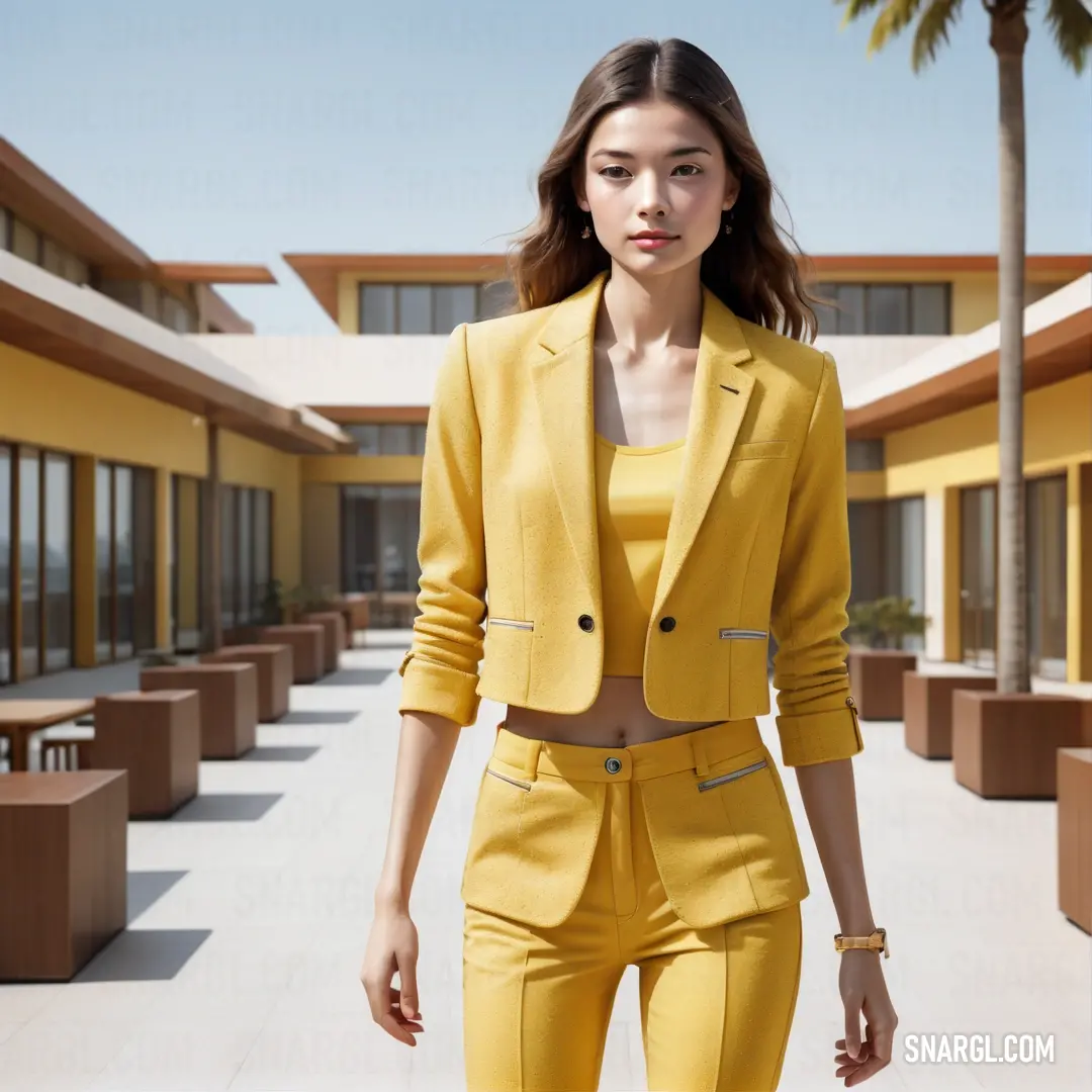 Woman in a yellow suit is standing outside a building with palm trees in the background. Color #F8E26E.