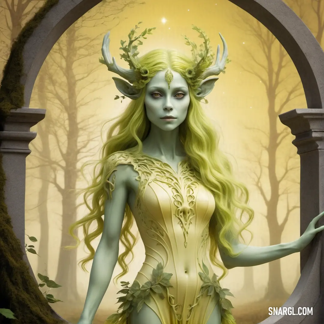 PANTONE 2002 color example: Woman with long hair and horns standing in a forest with a circle around her and a yellow dress