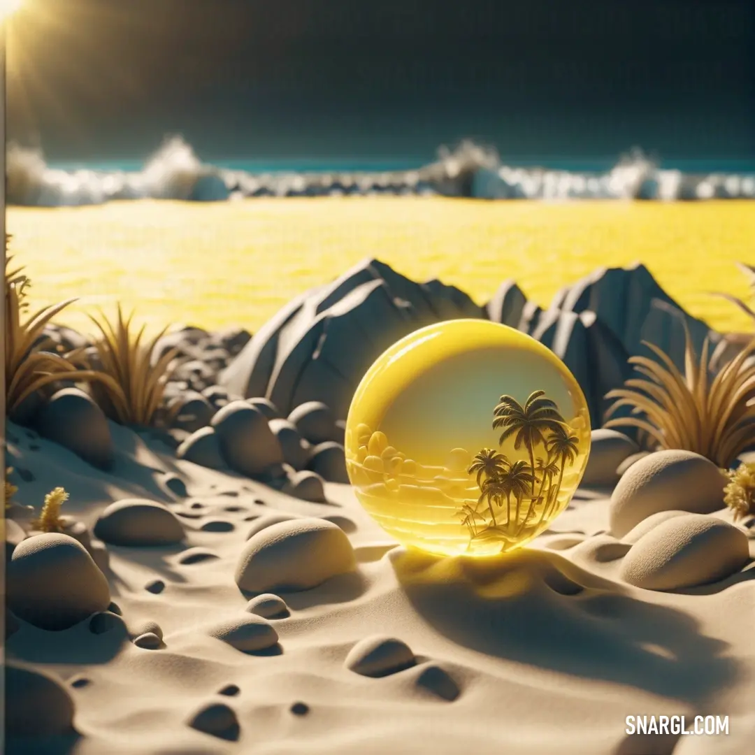 Yellow ball on top of a sandy beach next to a body of water with palm trees on it. Color #F8E26E.