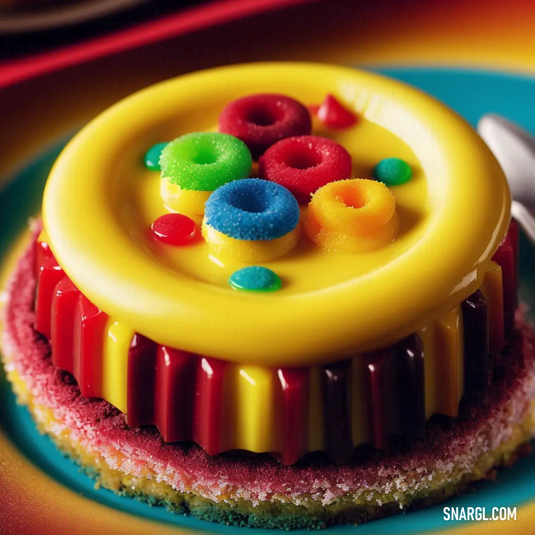 Colorful cake with a lot of candy on top of it on a plate with a spoon and a knife. Example of RGB 250,228,72 color.