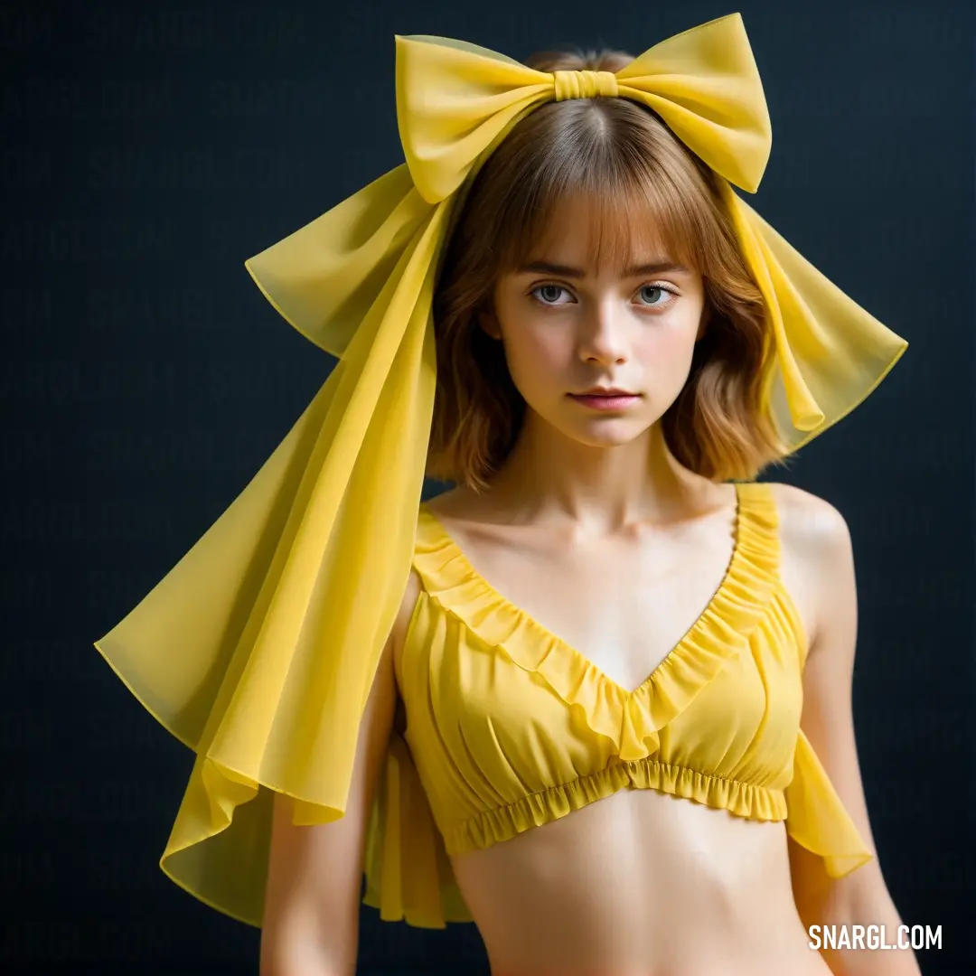Woman with a yellow bow on her head wearing a yellow bikini top. Color RGB 250,228,72.