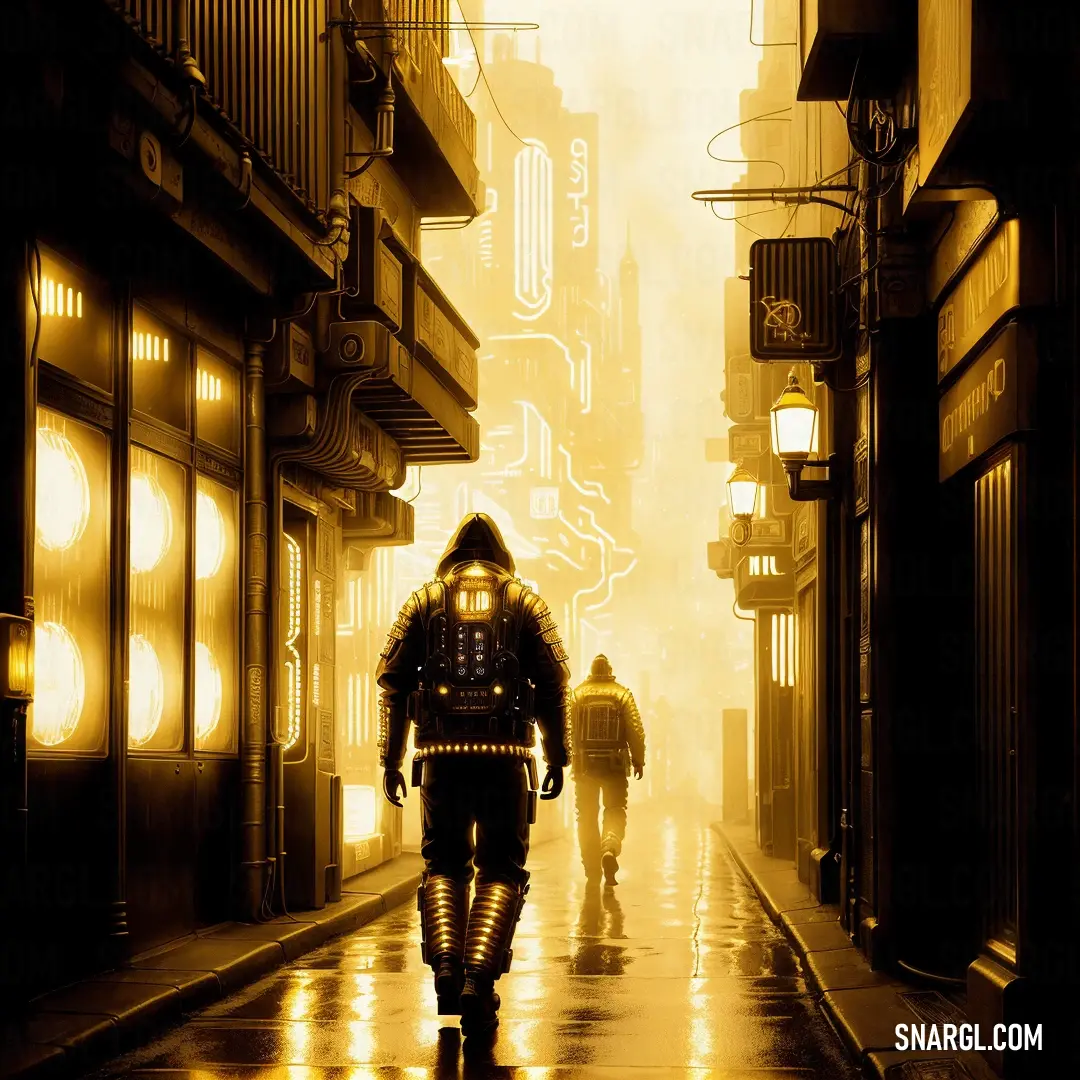 Man walking down a street next to a tall building with a neon light on it's face. Color CMYK 0,8,61,0.
