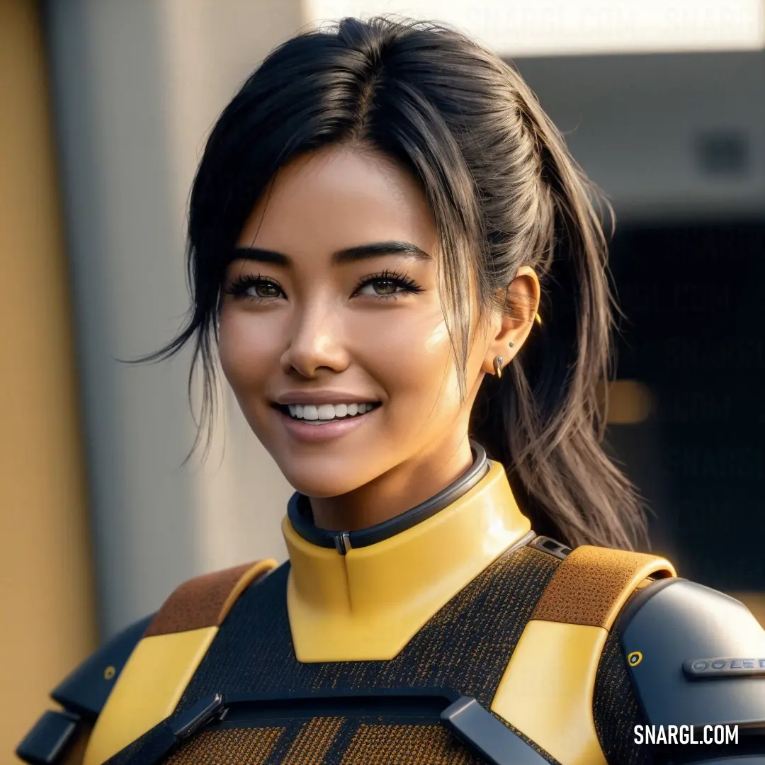 Woman in a yellow and black outfit smiling at the camera with a ponytail in her hair and a ponytail in her hair