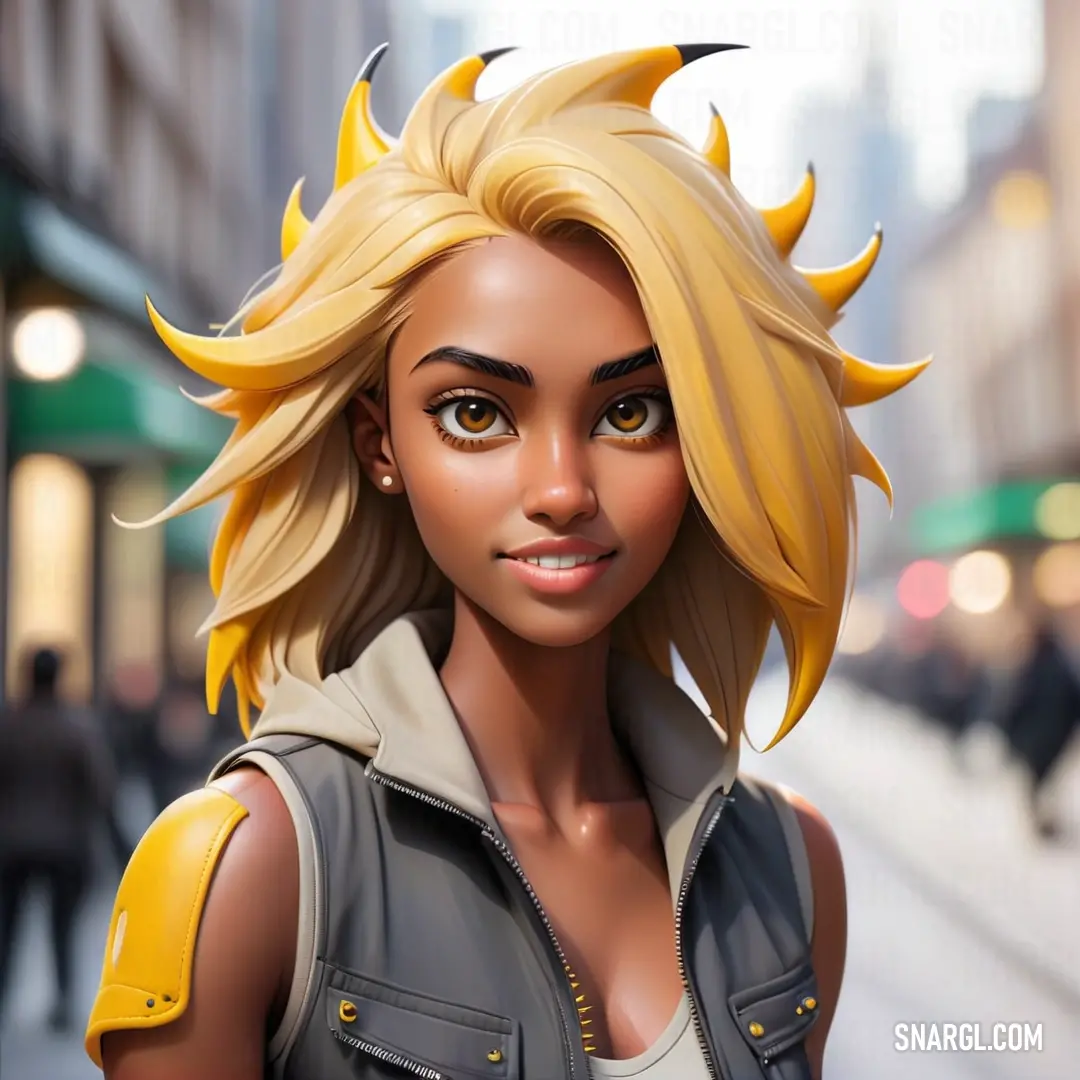 Cartoon character with blonde hair and a leather jacket on a city street with a man in the background. Example of RGB 0,255,255 color.