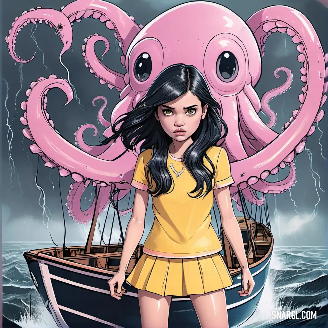 Girl in a yellow dress standing in front of an octopus boat with a pink octopus on it's head. Example of PANTONE 2005 color.