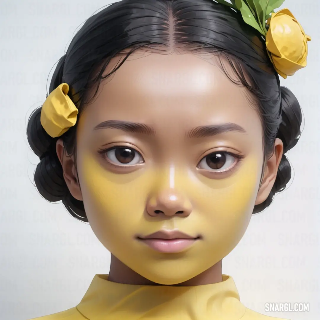 Girl with a yellow face and a flower in her hair and a yellow shirt on her head