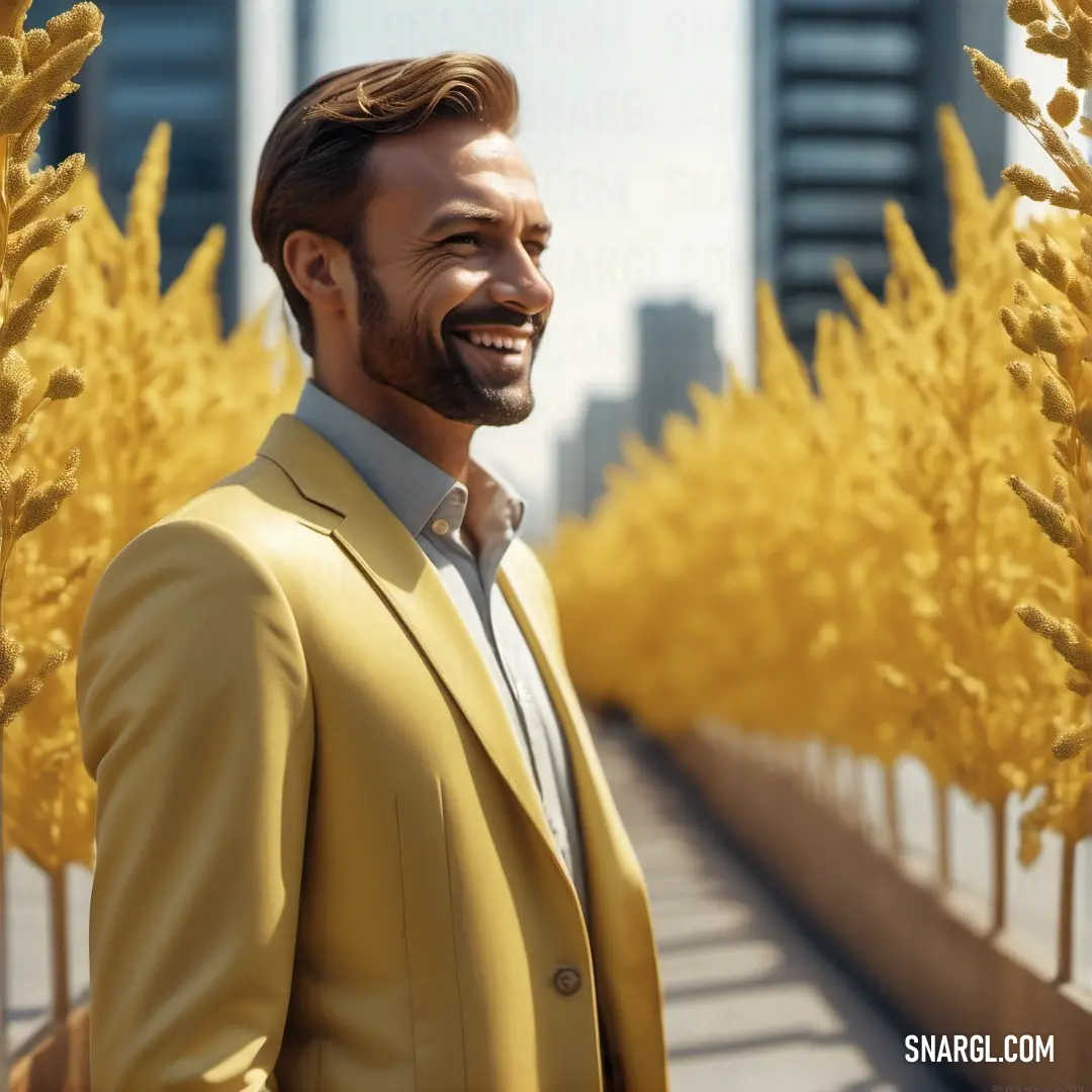 Man in a yellow suit standing in front of a row of yellow trees with tall buildings in the background. Color #F4D168.