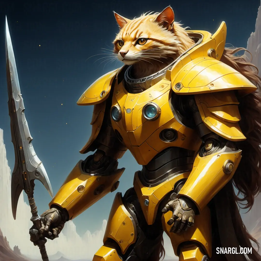 Cat is holding a sword and a yellow armor with a sword in its paws and a yellow cat is looking at the camera. Example of CMYK 0,22,77,0 color.