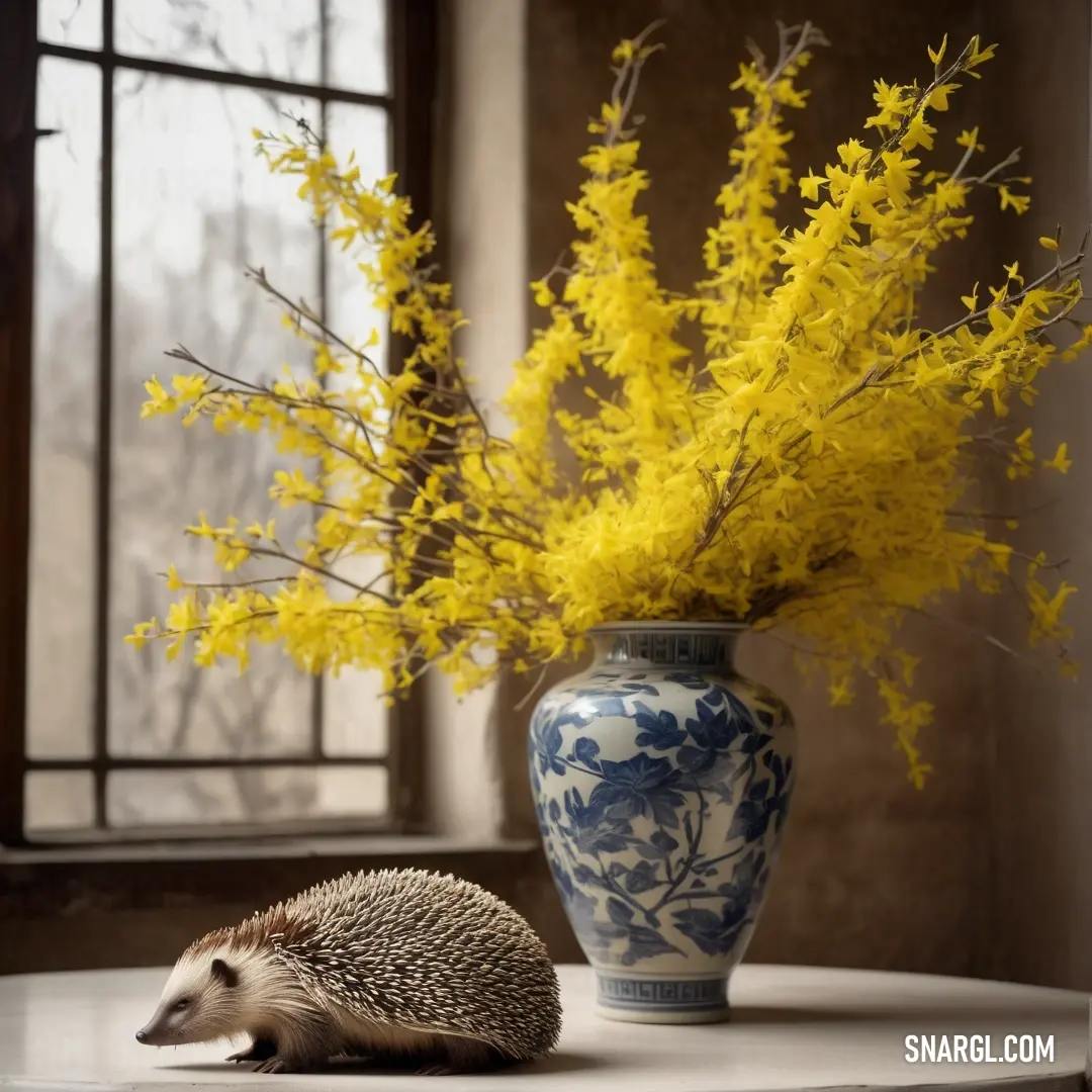 Hedgehog on a table next to a vase with yellow flowers in it and a window behind it. Example of PANTONE 2006 color.