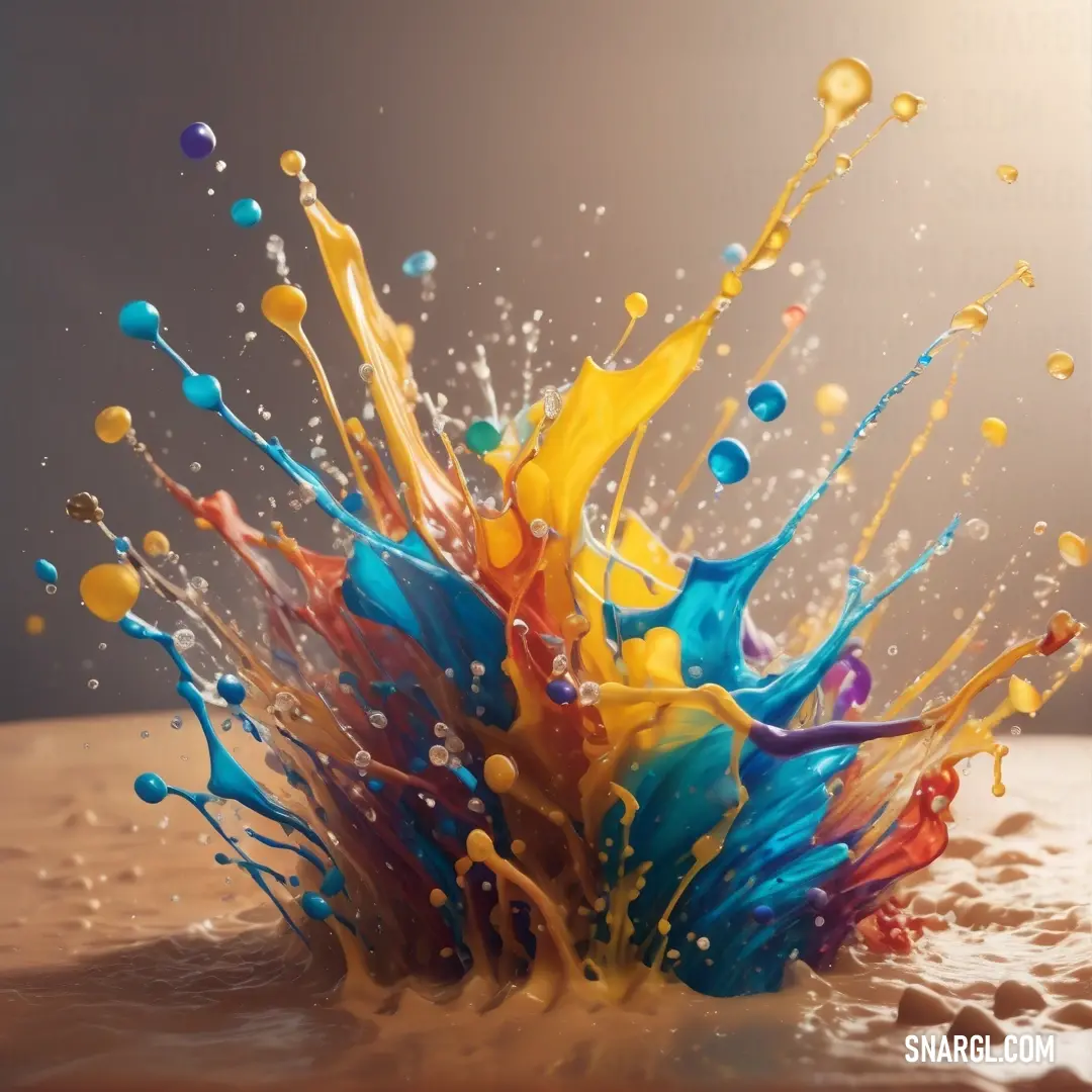 Splash of paint on a table with water droplets and bubbles on it. Example of CMYK 0,22,77,0 color.