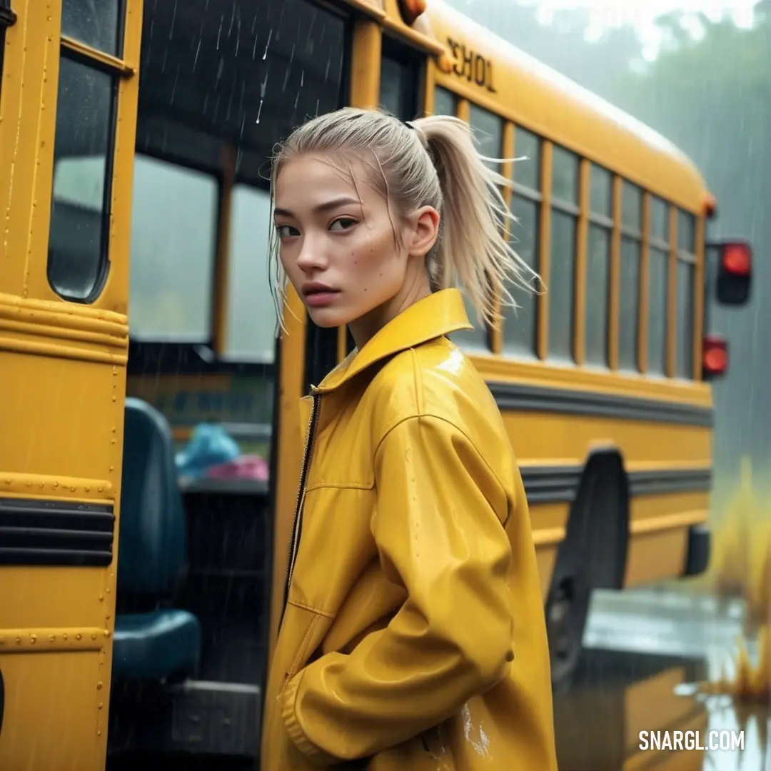 Woman standing in front of a yellow school bus in the rain with her hair in a ponytail and a ponytail. Example of RGB 242,192,49 color.