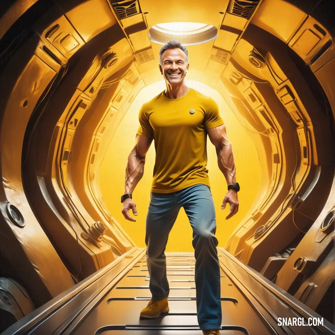 Man in a yellow shirt is walking through a tunnel with a disc on his head and a smile on his face. Example of #E9A800 color.