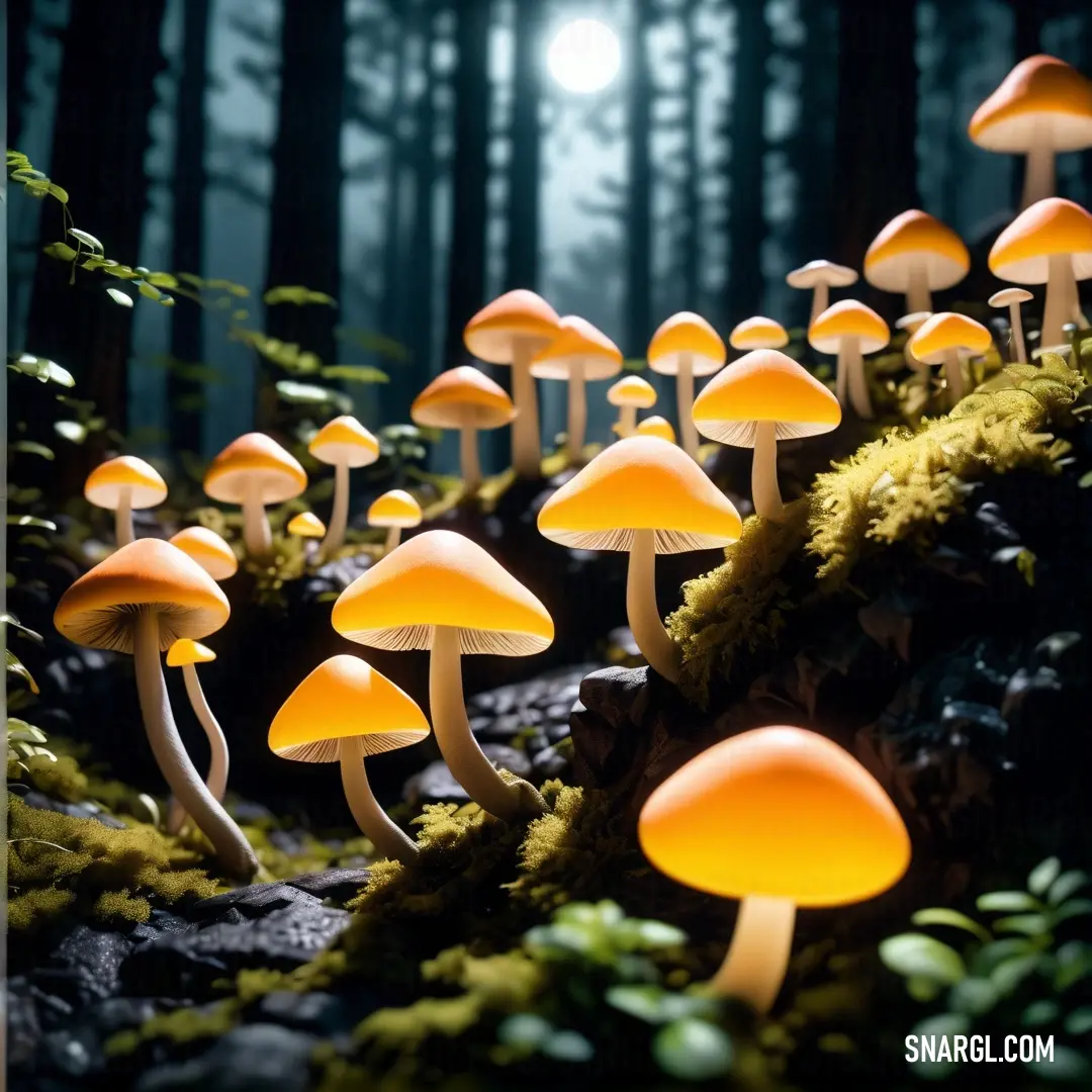 PANTONE 2007 color example: Group of mushrooms that are in the grass in the woods at night time