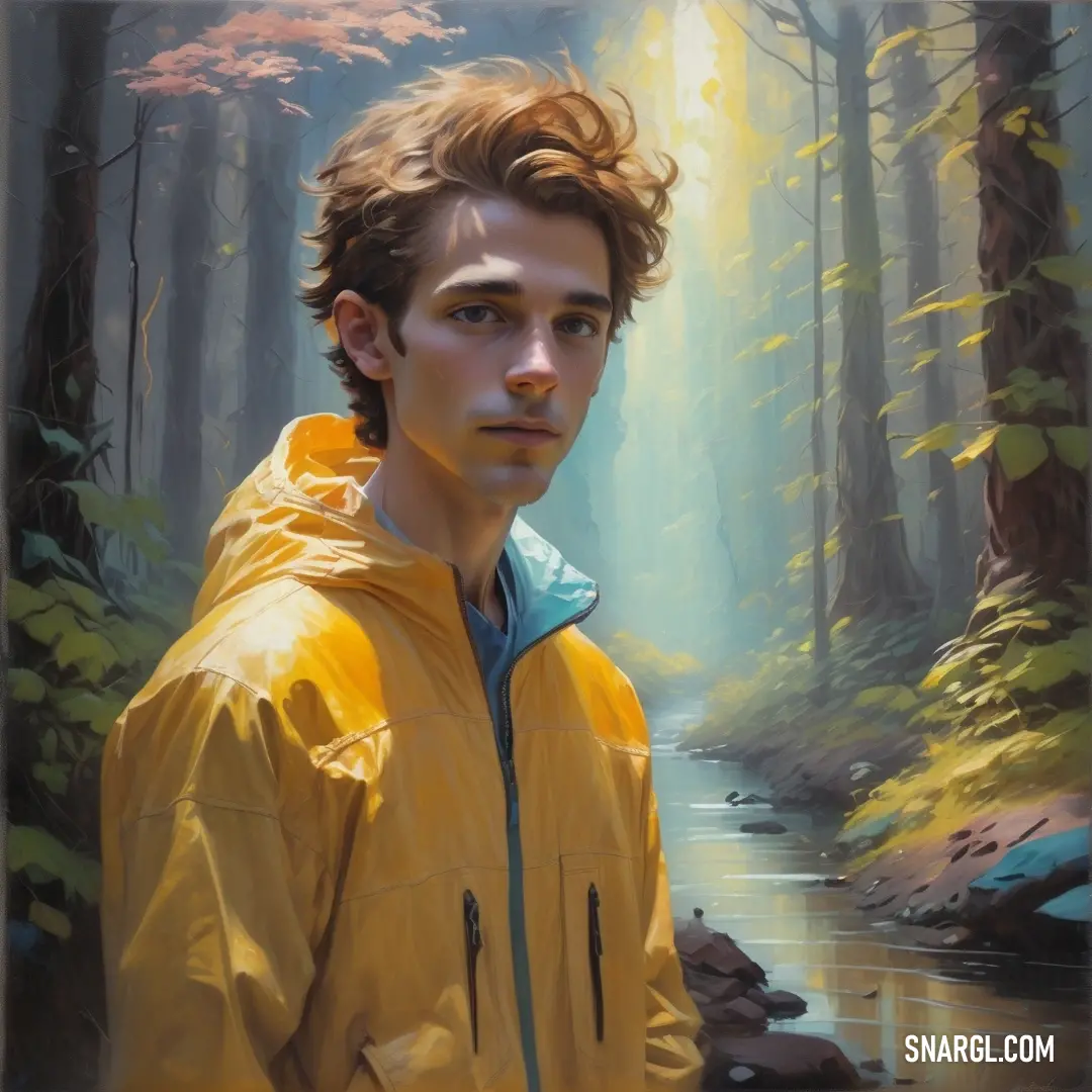 Painting of a man in a yellow jacket standing in a forest with a stream in the background. Example of PANTONE 2007 color.