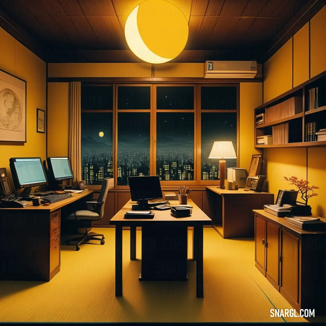 Room with a desk, computer and a lamp in it with a view of the city outside. Color #E9A800.