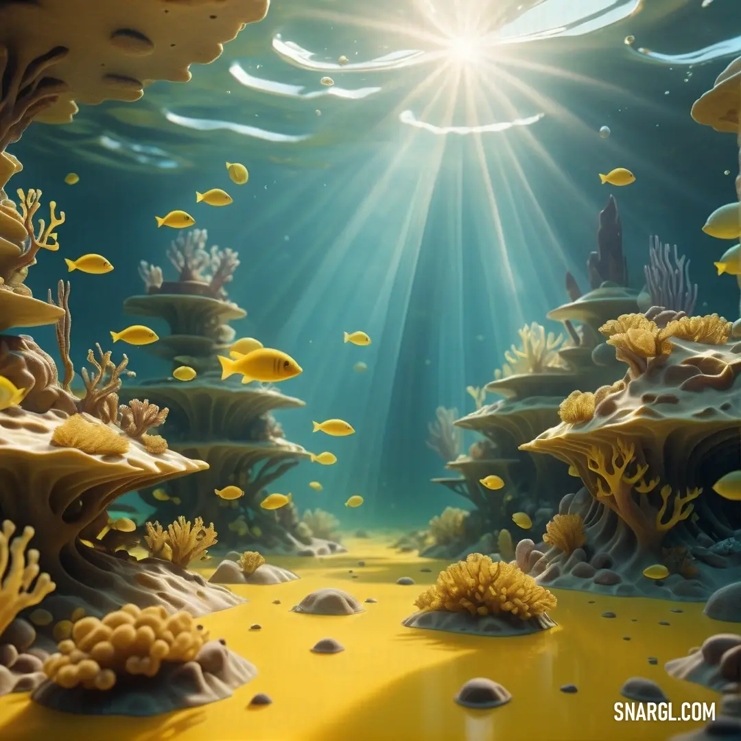 Painting of a underwater scene with fish and corals in the water and sun shining through the water. Color RGB 240,188,58.