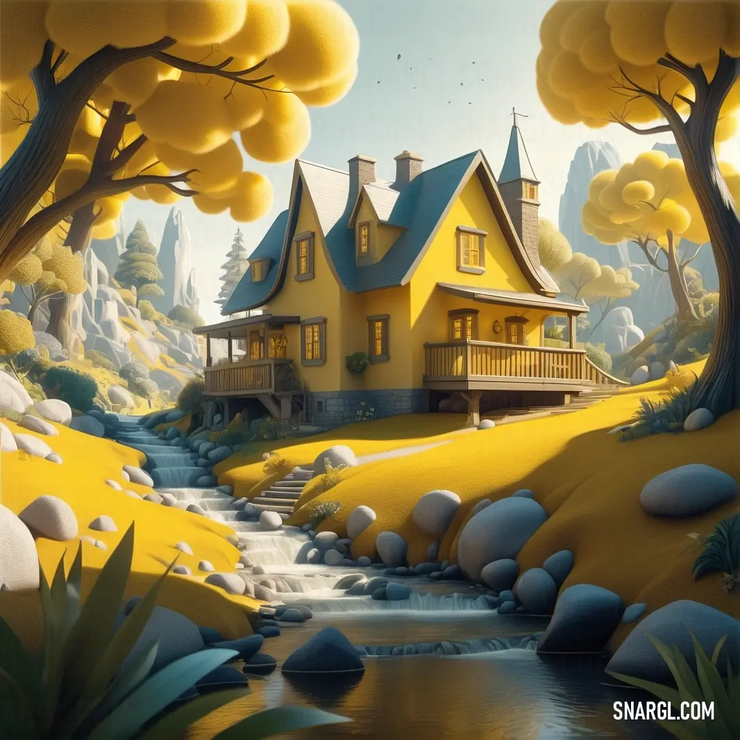 Painting of a house in the woods with a stream running through it and trees around it. Color CMYK 0,25,78,0.