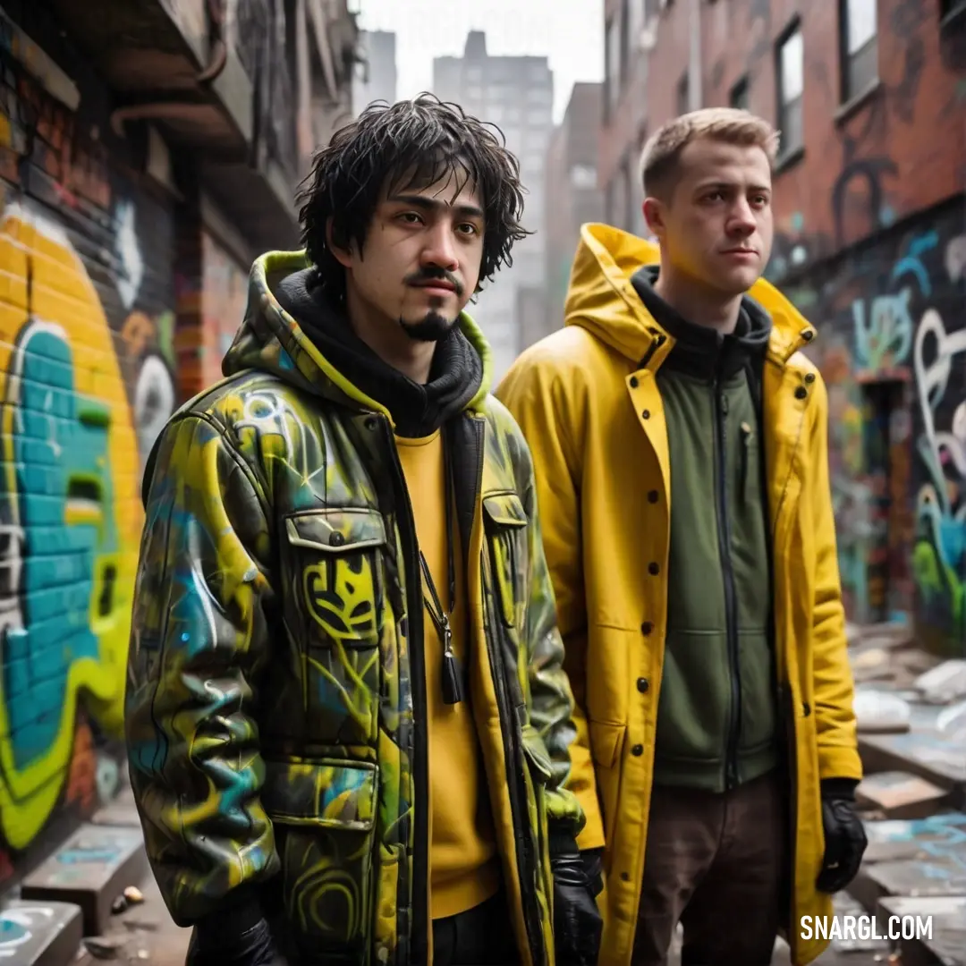 Two men standing in an alley with graffiti on the walls and a building in the background. Color RGB 240,188,58.