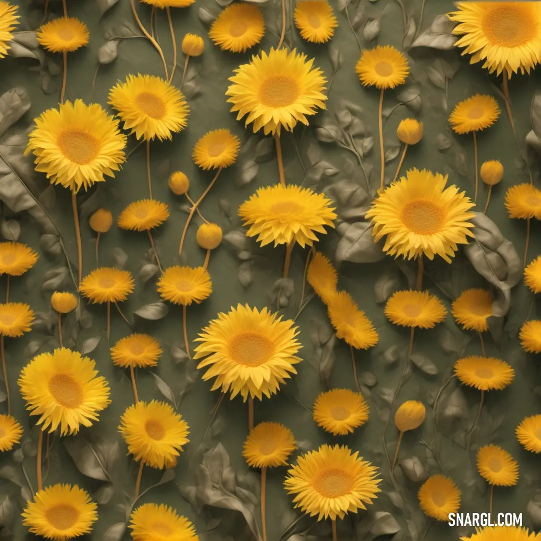 Bunch of yellow flowers on a green surface with leaves and stems on it, with a green background. Example of #EDAC20 color.