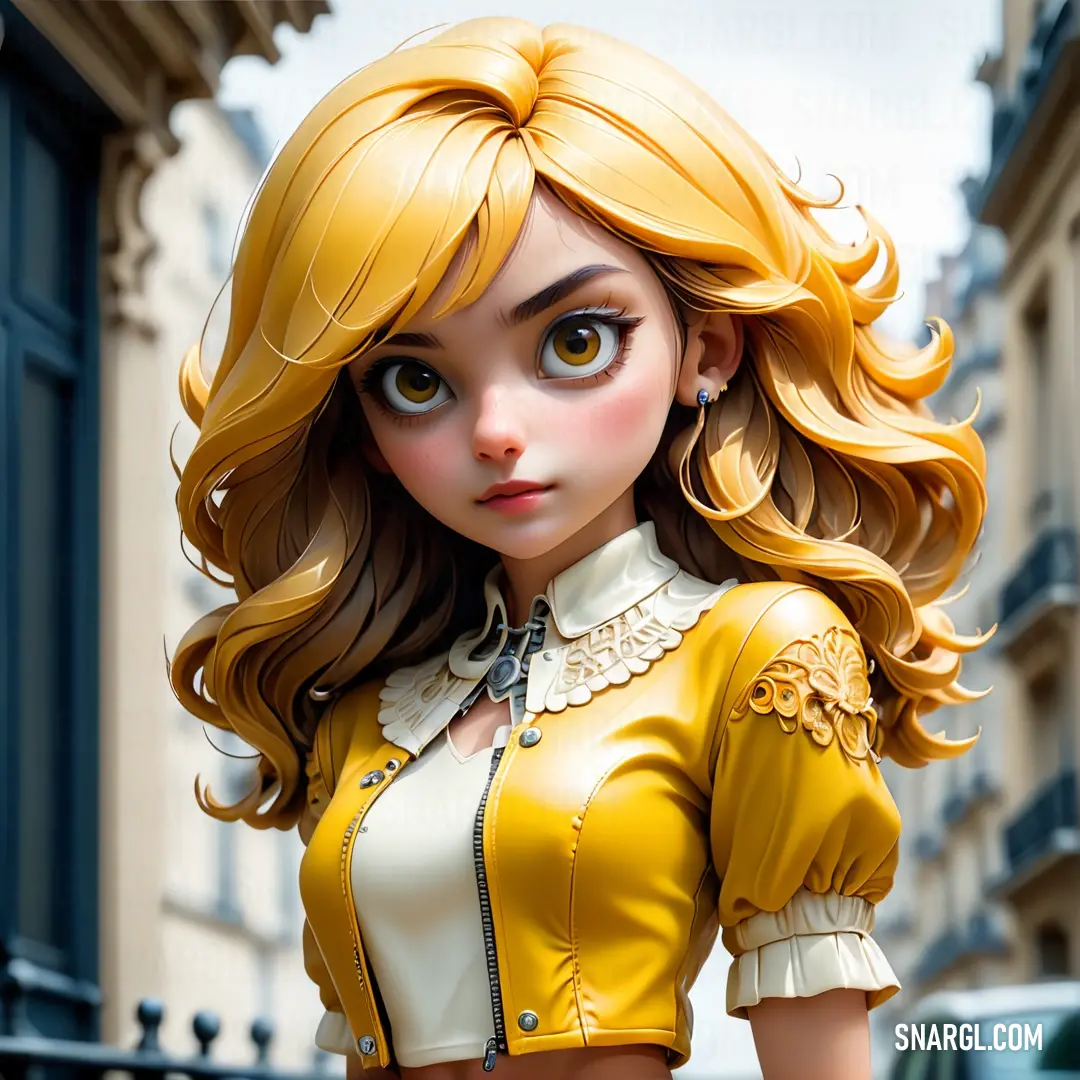 Cartoon girl with blonde hair and a yellow top on a city street with a car in the background. Color RGB 237,172,32.