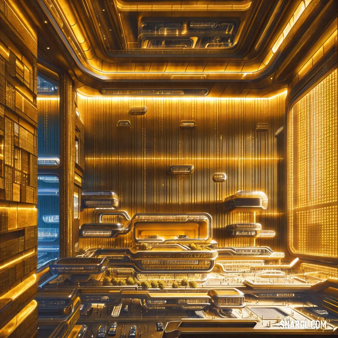 Futuristic looking room with a lot of yellow lights and a lot of bookshelves and shelves on the wall. Color PANTONE 2009.