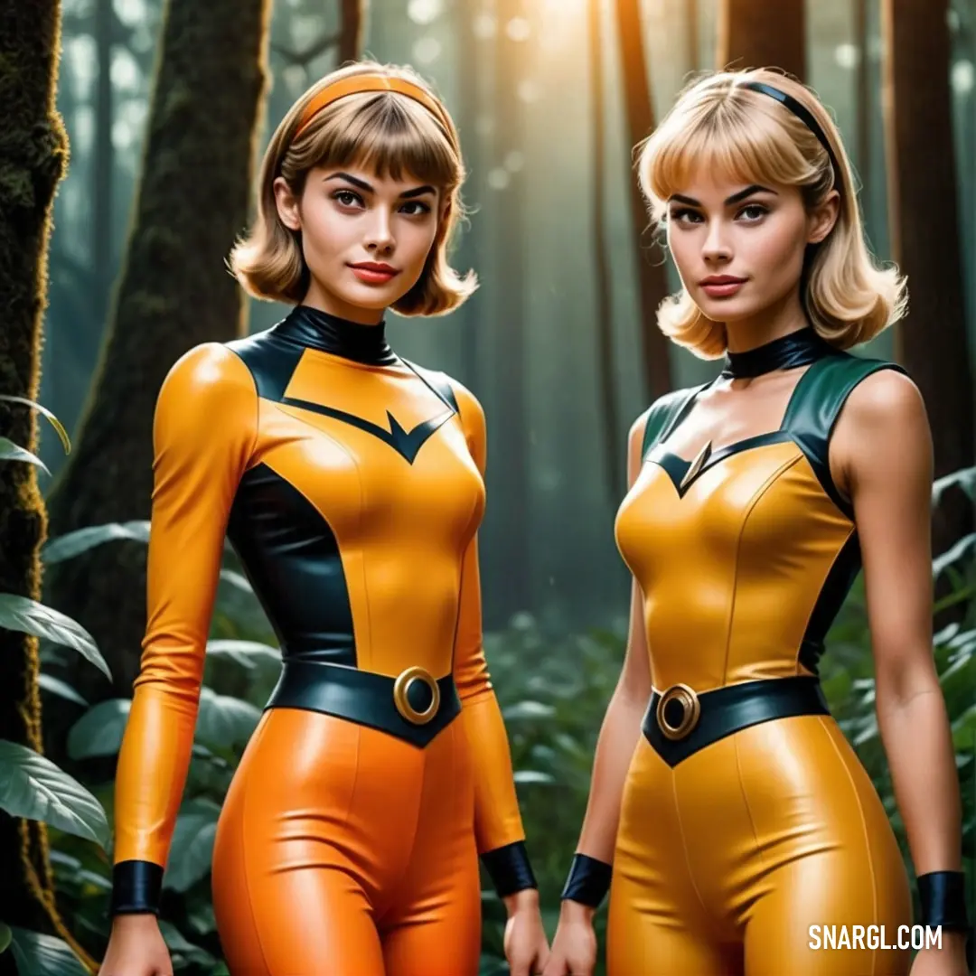 Two women in yellow and black costumes standing in the woods together. Example of RGB 237,172,32 color.