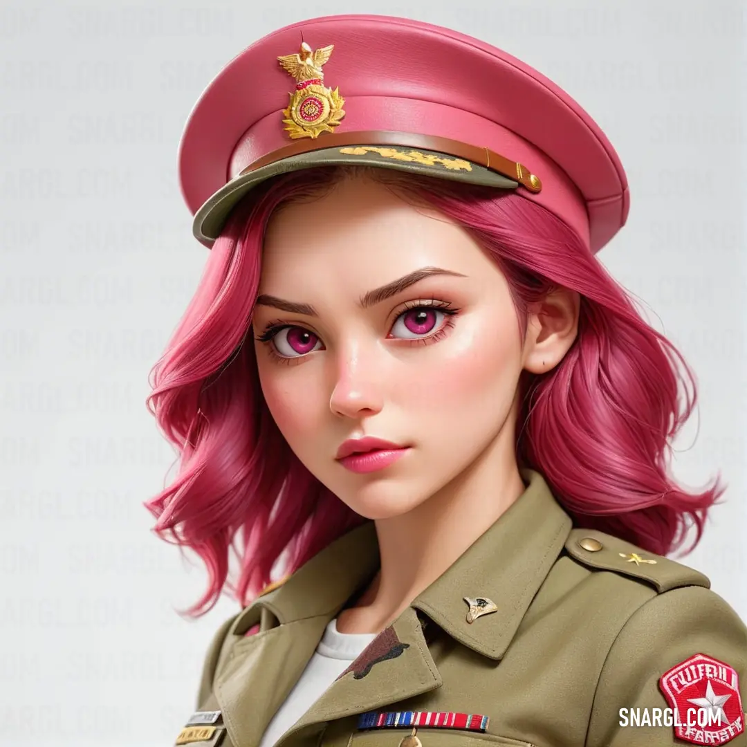 Doll wearing a military uniform and pink hair with a star on it's cap and a star on her forehead. Example of RGB 161,42,61 color.