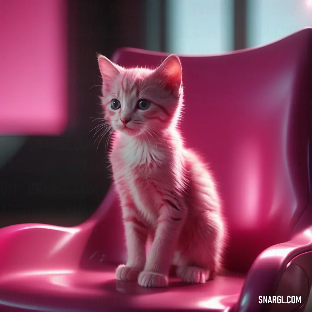 Kitten on a pink chair in a room with pink walls and flooring and a window behind it