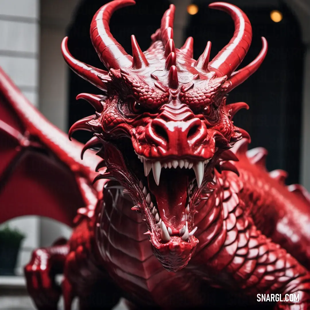 Red dragon statue is in front of a building with a large door and windows in the background