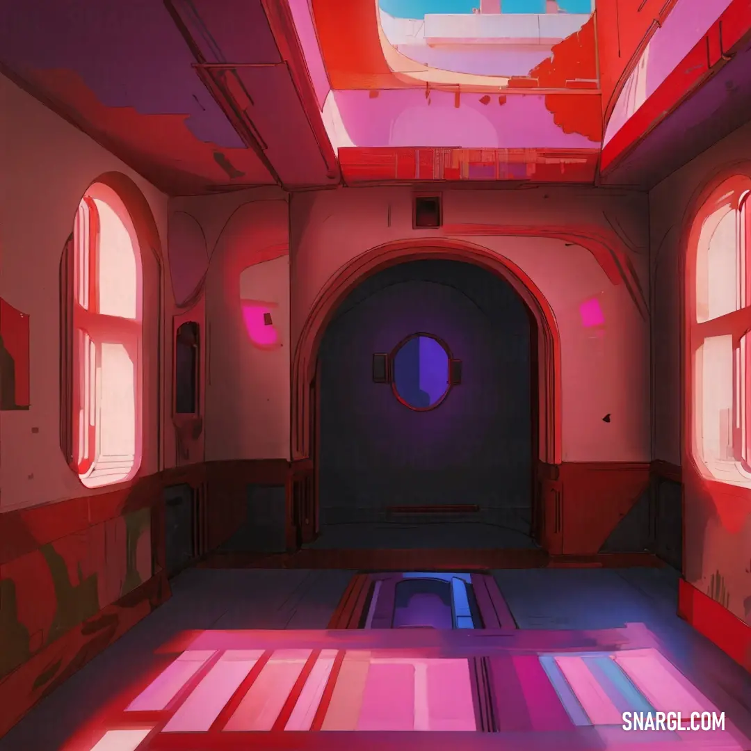 Room with a lot of windows and a door with a window on it and a pink light coming from the ceiling