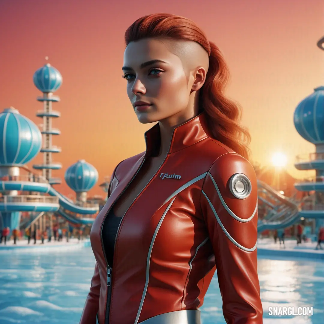 Woman in a red leather jacket standing in front of a futuristic cityscape with a roller coaster