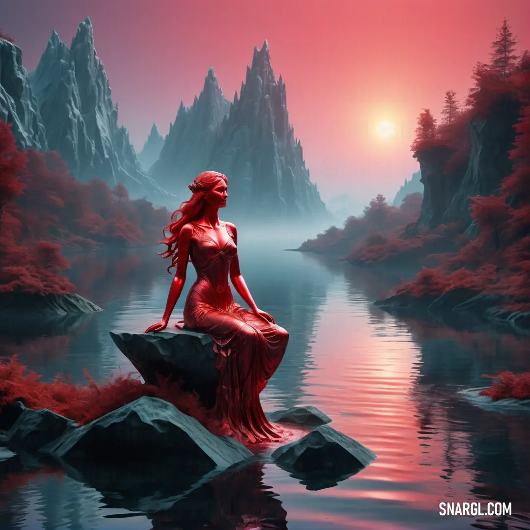 Woman on a rock in a lake with a red dress on it's body and a red sky behind her