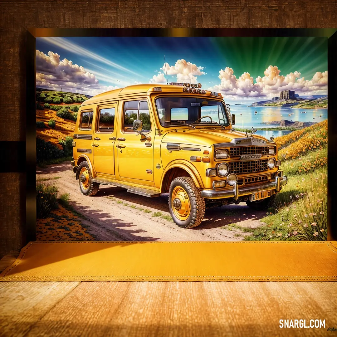 Painting of a yellow bus on a wooden shelf with a wooden frame on the wall and a picture of a yellow bus on the wall