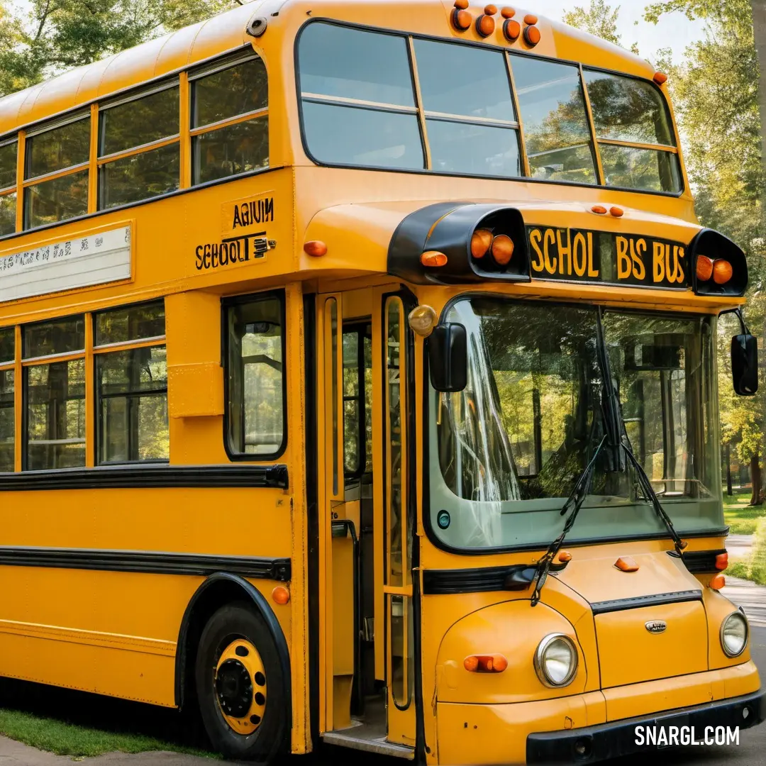 PANTONE 2013 color example: Yellow school bus parked on the side of the road in a park area with trees in the background