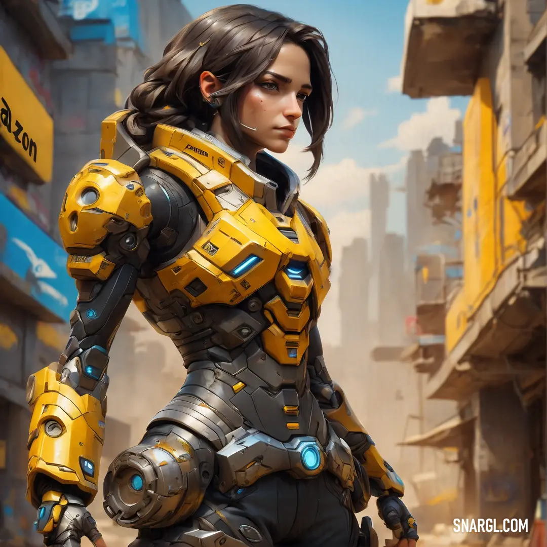 Woman in a futuristic suit standing in a city street with a gun in her hand. Color #EB9C00.