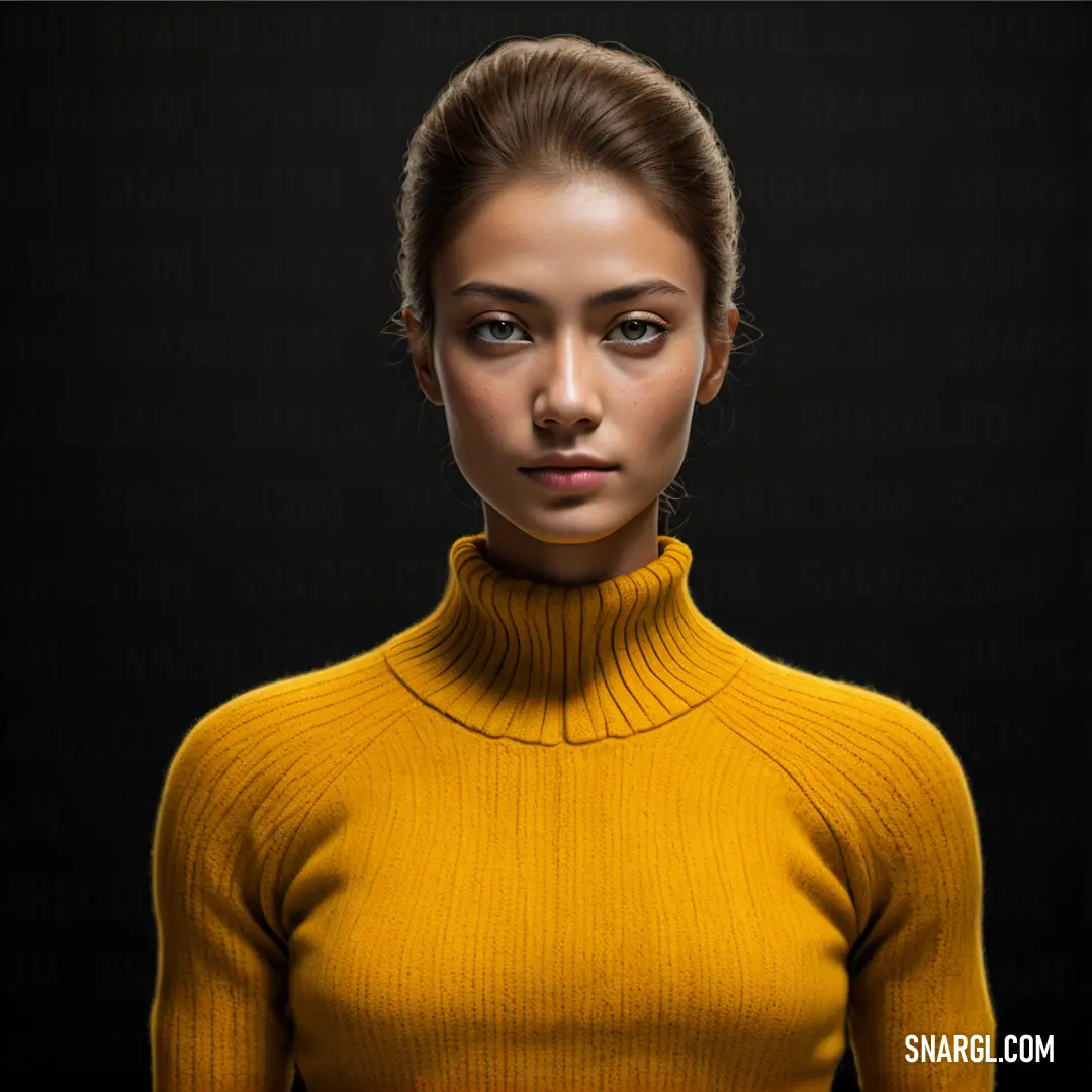 Woman in a yellow sweater is posing for a picture with a black background. Color CMYK 0,46,100,0.
