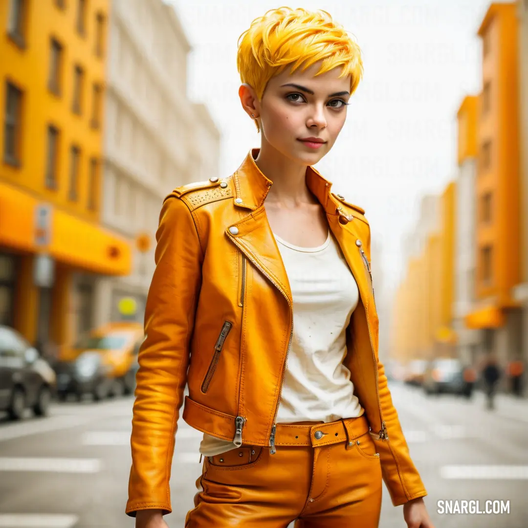 Woman with yellow hair and a leather jacket on a city street with buildings in the background. Color RGB 235,156,0.