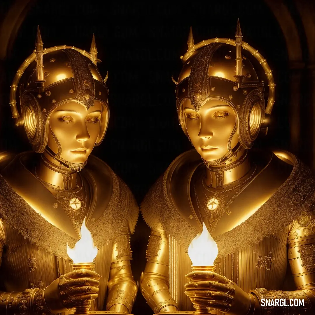 Couple of golden statues holding a candle in their hands and looking at each other with a dark background. Example of CMYK 0,51,100,26 color.