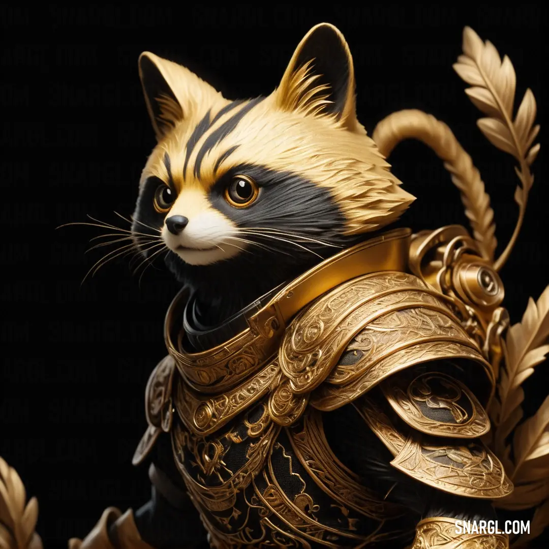 Raccoon figurine is dressed in gold and black armor and holding a sword and a leaf. Color PANTONE 2014.