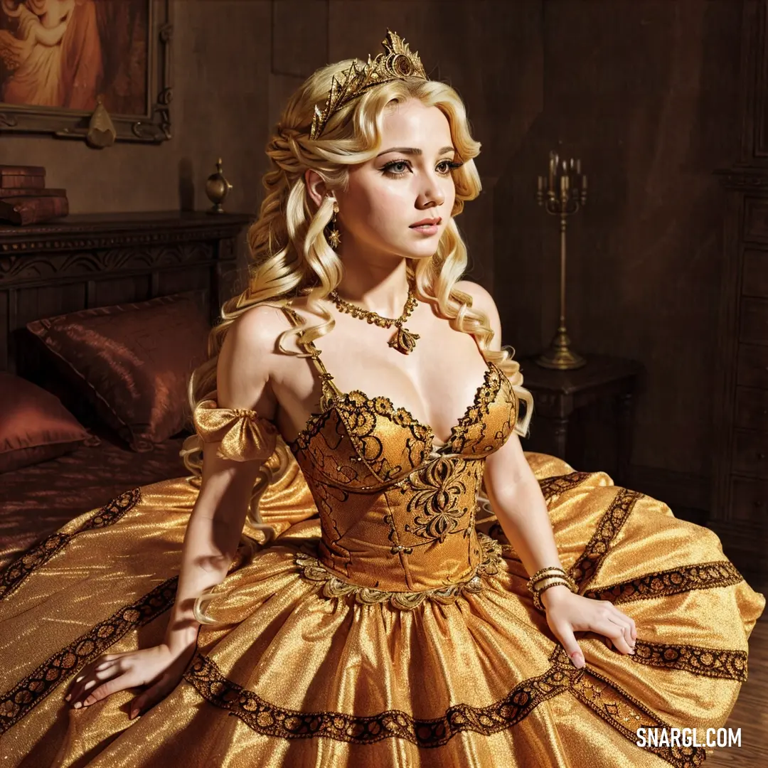 Woman in a golden dress on a bed in a room with a painting on the wall behind her. Color CMYK 0,51,100,26.