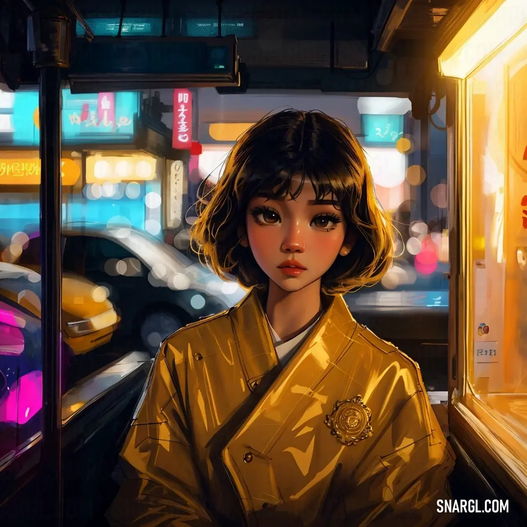Woman in a yellow raincoat standing in front of a store window at night with a neon light. Example of #B97A07 color.