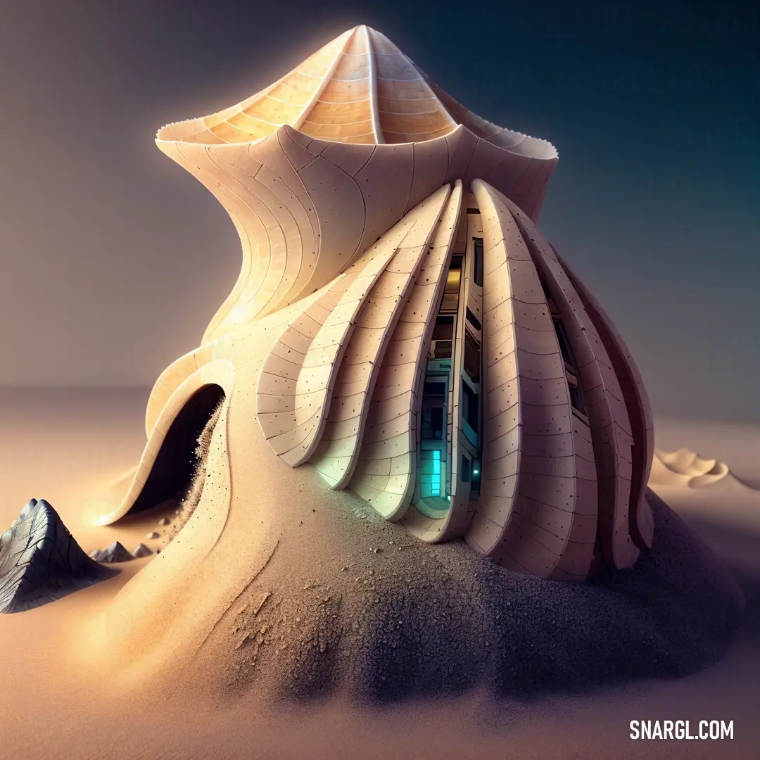 Futuristic building with a large shell like structure on top of it in the desert. Example of #F2D4A8 color.