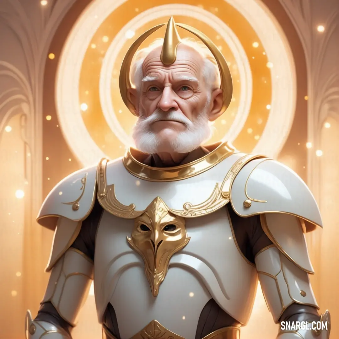 Man in a white suit with a golden halo and a white beard and mustache. Example of PANTONE 2015 color.