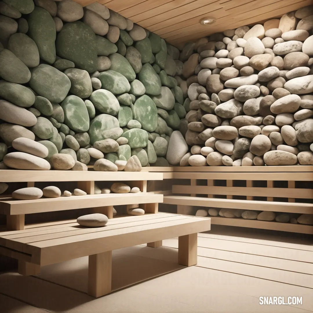 Room with a stone wall and benches in it and a wall of rocks behind it. Example of RGB 242,212,168 color.