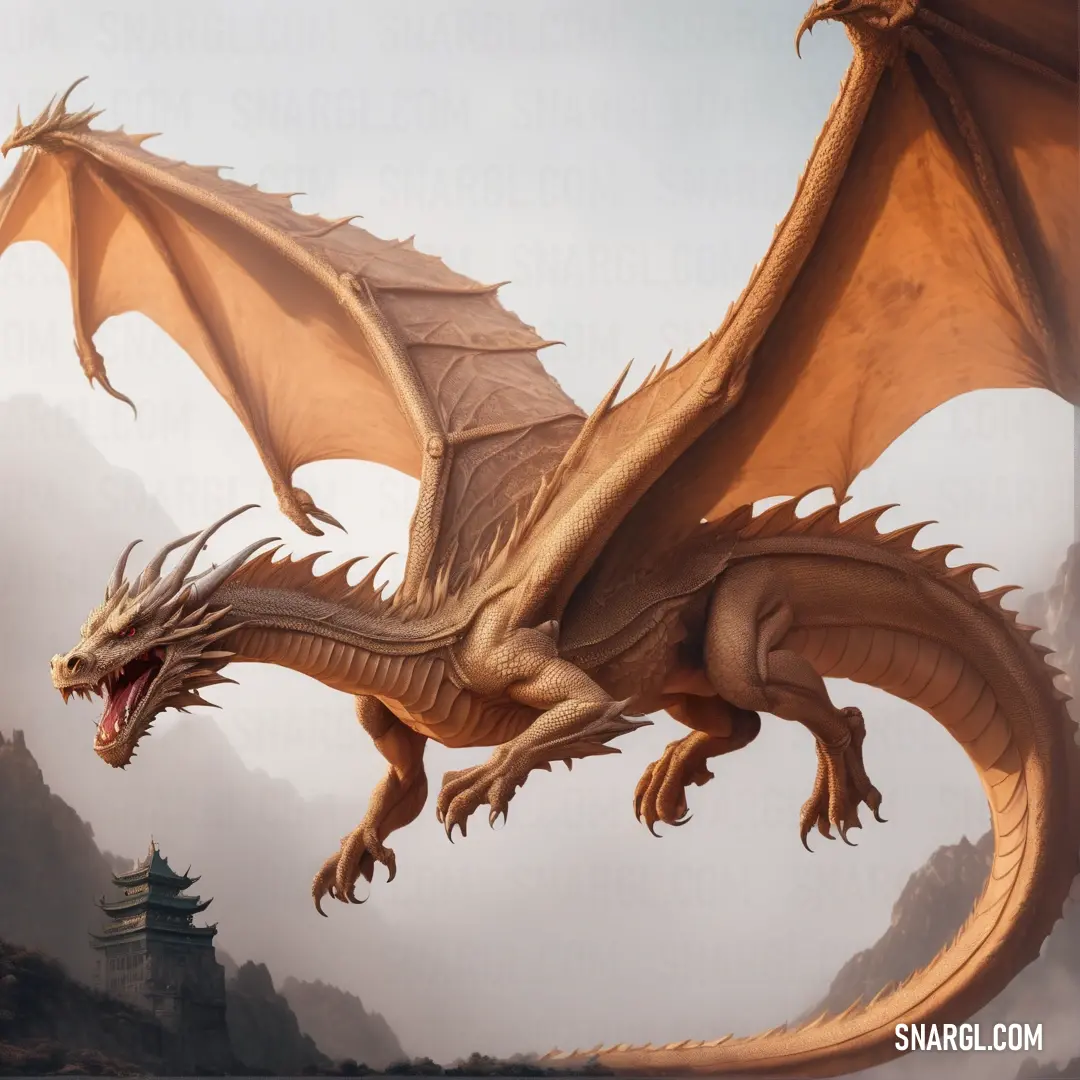 Dragon flying over a mountain with a castle in the background. Example of PANTONE 2016 color.