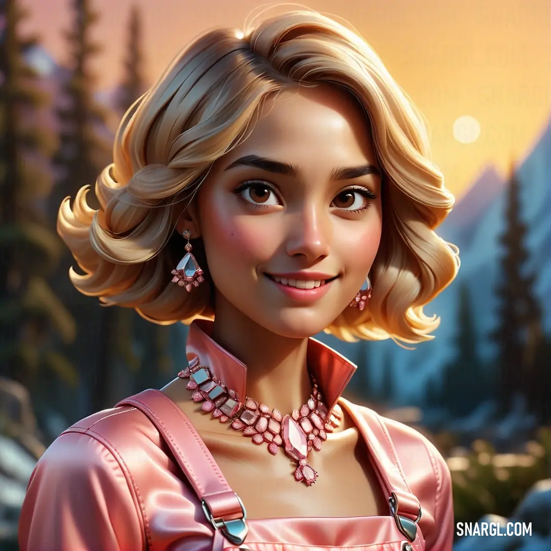 Woman in a pink dress with a necklace and earrings on her neck and a mountain in the background. Color #EDB46A.