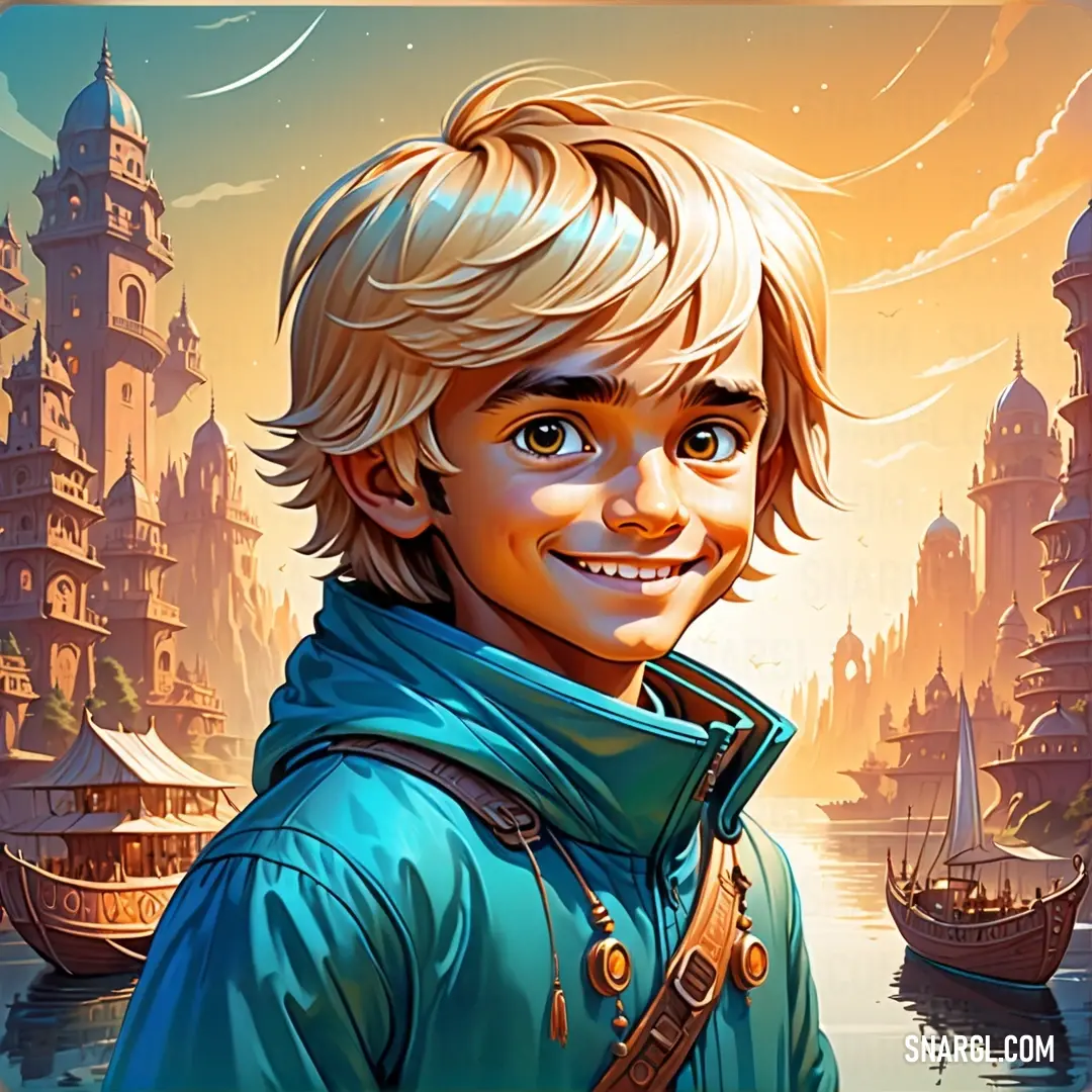 Boy with blonde hair and a blue jacket in front of a castle with a boat in the water. Example of #EDB46E color.