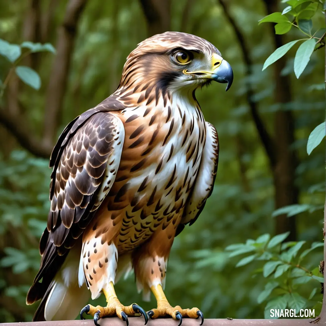 PANTONE 2017 color example: Hawk is perched on a branch in the woods with trees in the background