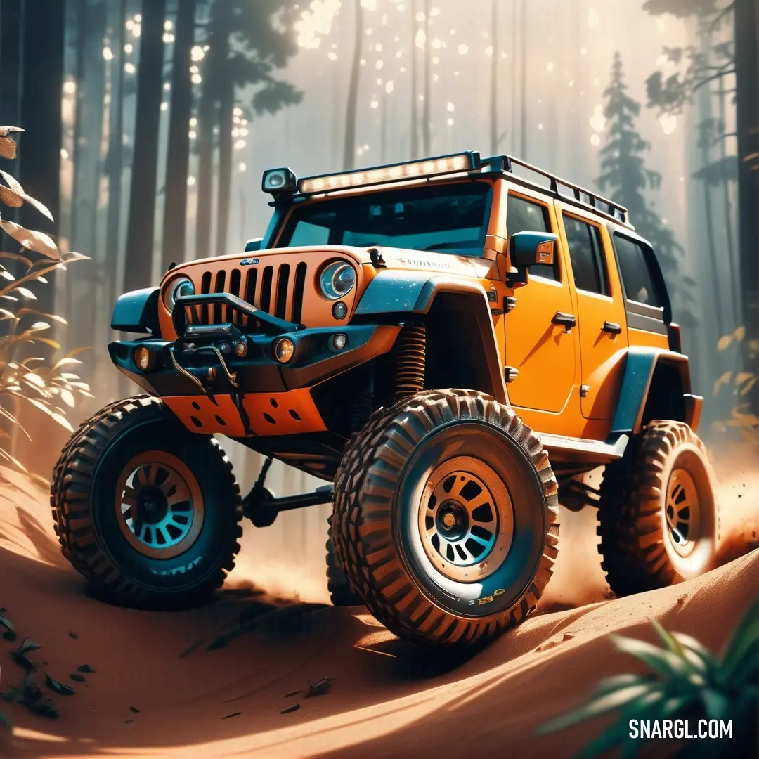 Jeep driving through a forest filled with trees and bushes on a sunny day with a bright orange front tire. Example of PANTONE 2018 color.