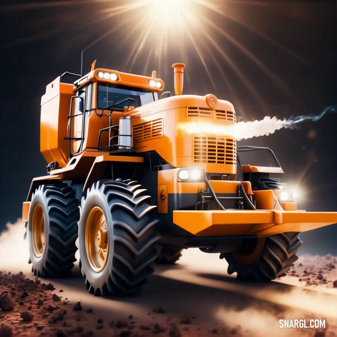 Large orange truck driving through a desert under a bright sun filled sky with clouds and dust behind it. Color RGB 232,141,25.
